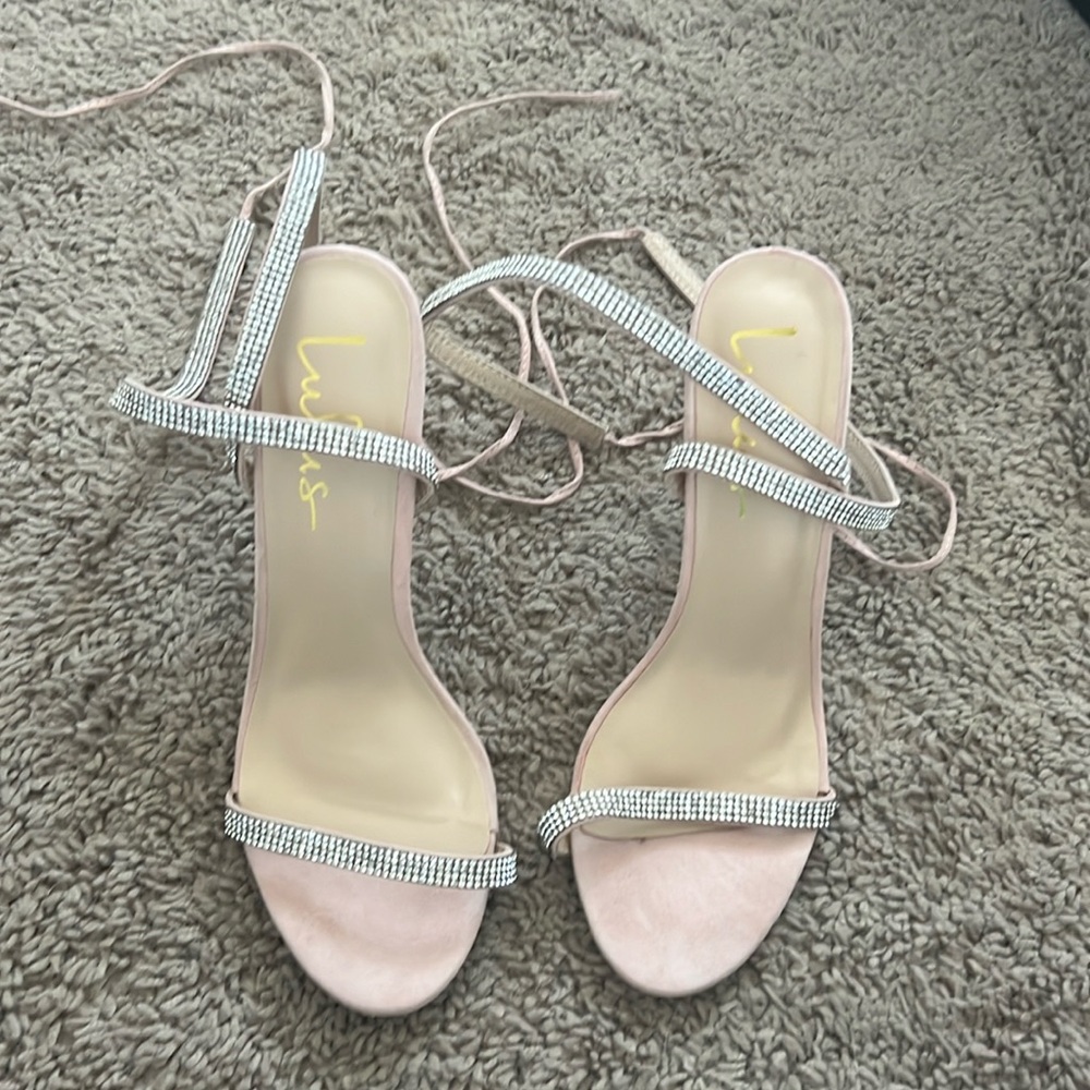 Lulus Nude Rhinestone Strap Heels Size 7